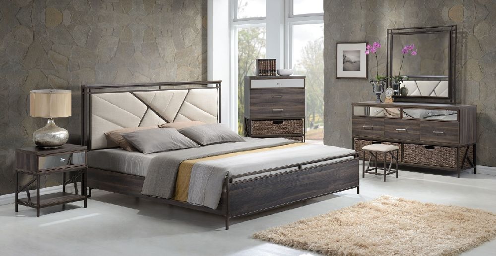 Adrianna 20950 walnut finish cream fabric bedroom set, contemporary