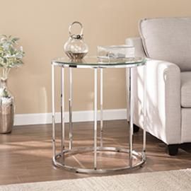 CK4672 Cranstyn By Southern Enterprises Round End Table w/ Glass Top - Glam Style - Chrome