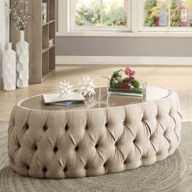 Deja by Furniture of America Beige Linen CM4185OC Oval Coffee Table