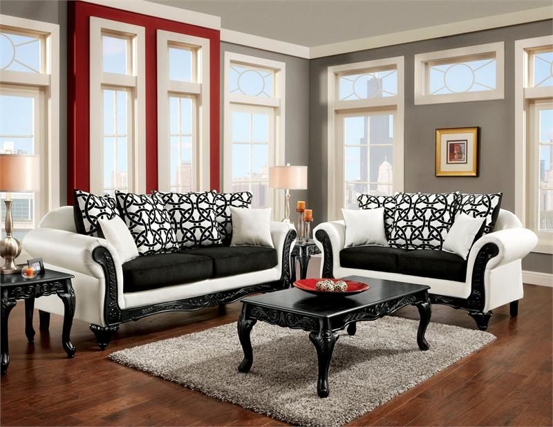 Carved Wood Trim Rolled Arm Sofa, Black And White Living Room Sofa Set