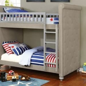 Sascha BK718 Grey Fabric Nailhead Trim Bunk Bed