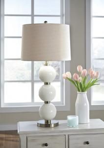 L430474 Shodan By Ashley Glass Table Lamp In White/Brass Finish