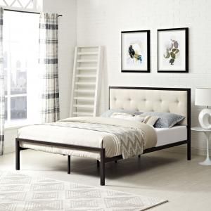 Lottie 5447 King Platform Brown Metal Bed Frame with Beige Fabric Headboard