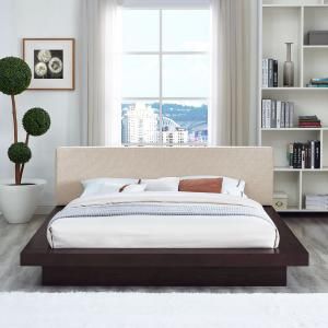 Freja 5721 Cappuccino Queen Platform Bed with Beige Fabric Headboard