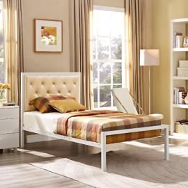 Mia 5179 White Metal Twin Bed Frame with Champagne Tufted Headboard