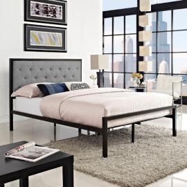 Mia 5180 Brown Metal Full Bed Frame with Gray Tufted Headboard