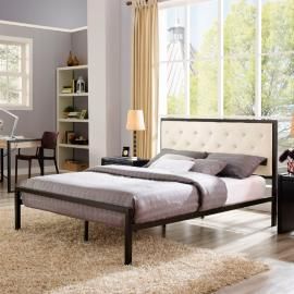 Mia 5182 Brown Metal Queen Bed Frame with Beige Tufted Headboard