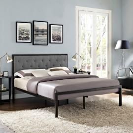 Mia 5182 Brown Metal Queen Bed Frame with Gray Tufted Headboard