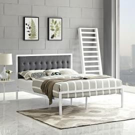 Millie 5456 White King Metal Platform Bed with Gray Fabric Headboard